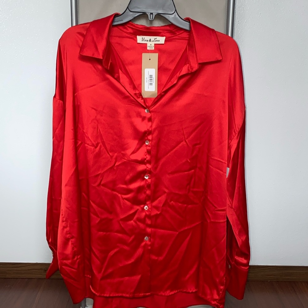 Red Satin button down, size medium but fits more like large
